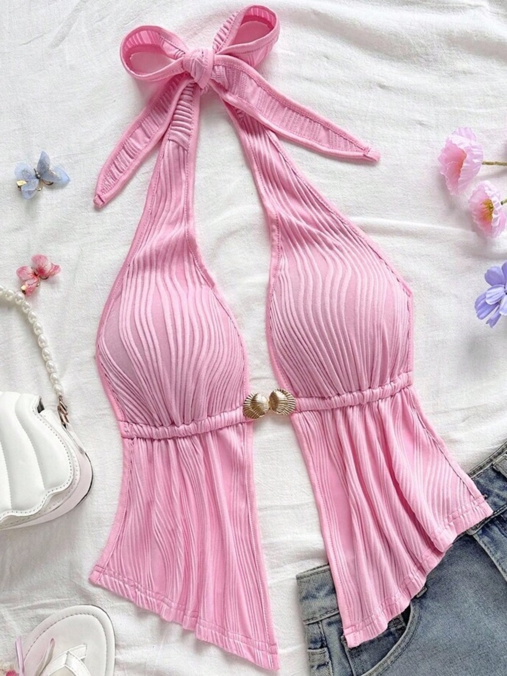 Shein Pink Halter Top L V Neck Open Back Ruffle Shell Detail Beachy Cami